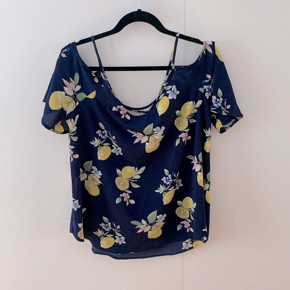Kaileigh Blouse - Lemons Cold Shoulder Top with Crisscross Straps (Women M)